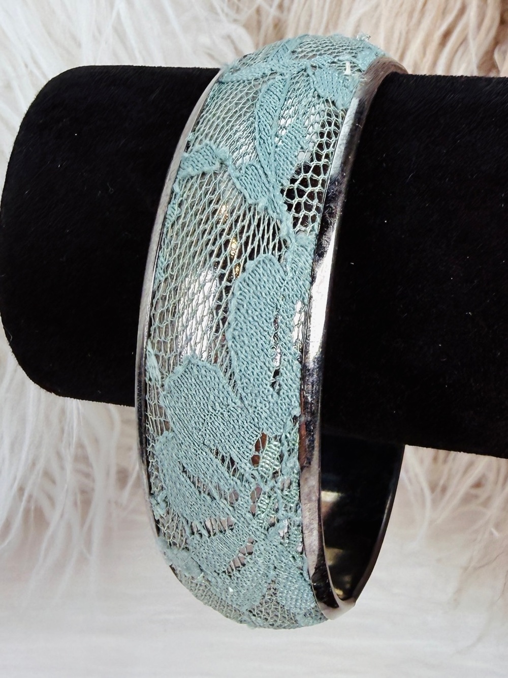 Wide Aqua Lace Overlay Cuff Bracelet Silver Finish Floral Statement Bangle